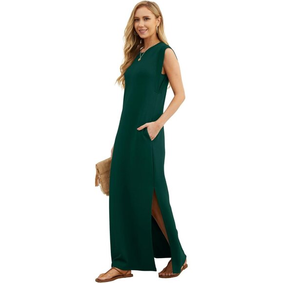 Grecerelle Women Dark Green Round Neck Loose Split Wrinkle-Free Long Maxi Dress - Picture 3 of 6